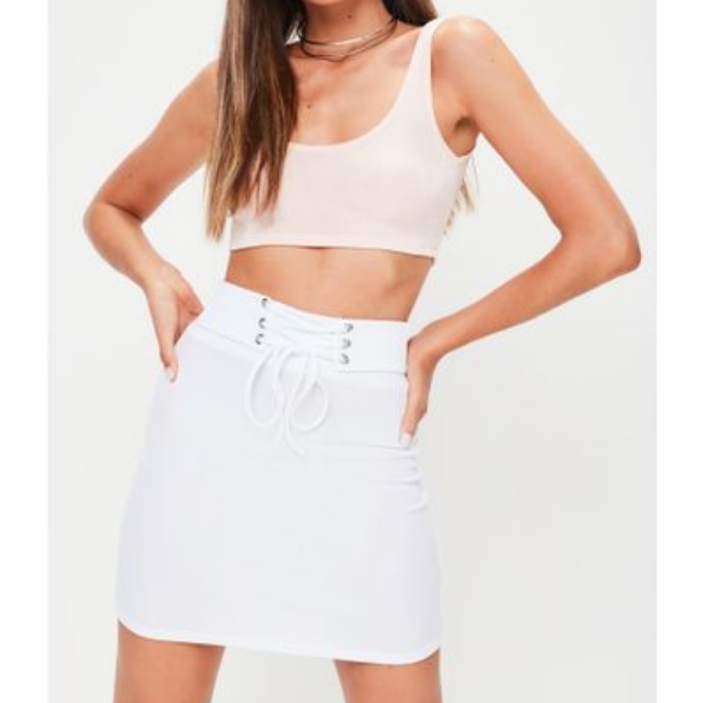 White Ribbed Lace Up Waist Mini Skirt